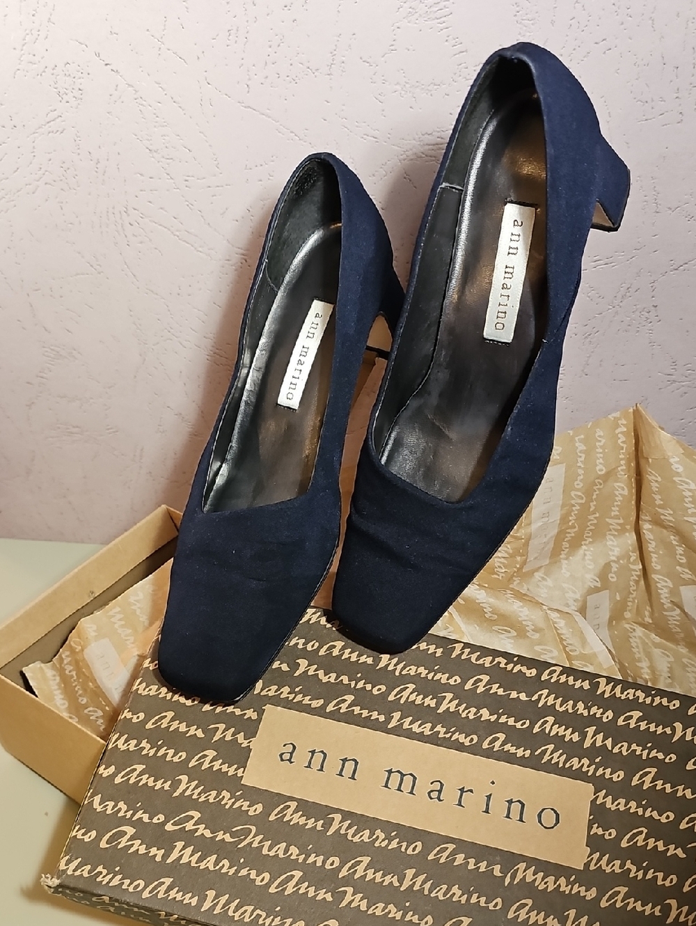 Ann Marino Navy Square-Toe Pumps with Subtle Heel
